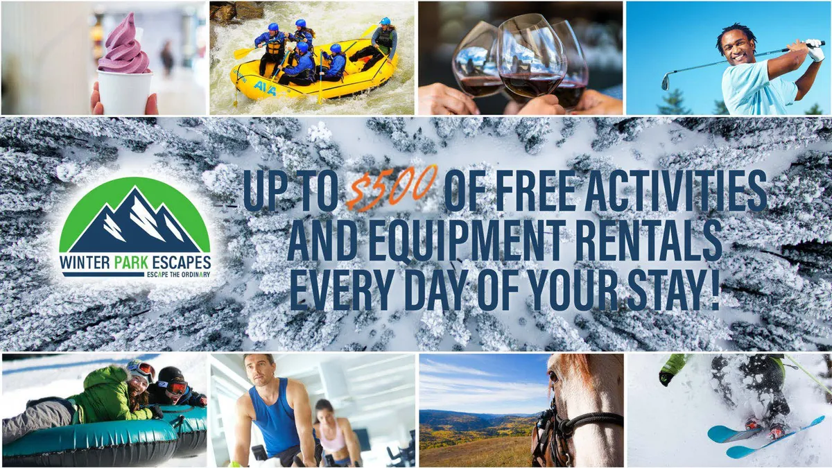 A lively outdoor scene featuring families and groups enjoying various activities, including white-water rafting on a river, skiing, snowboarding, horseback riding, and wine tasting. The scenic setting showcases both the thrill of adventure and the serene beauty of the mountains.
