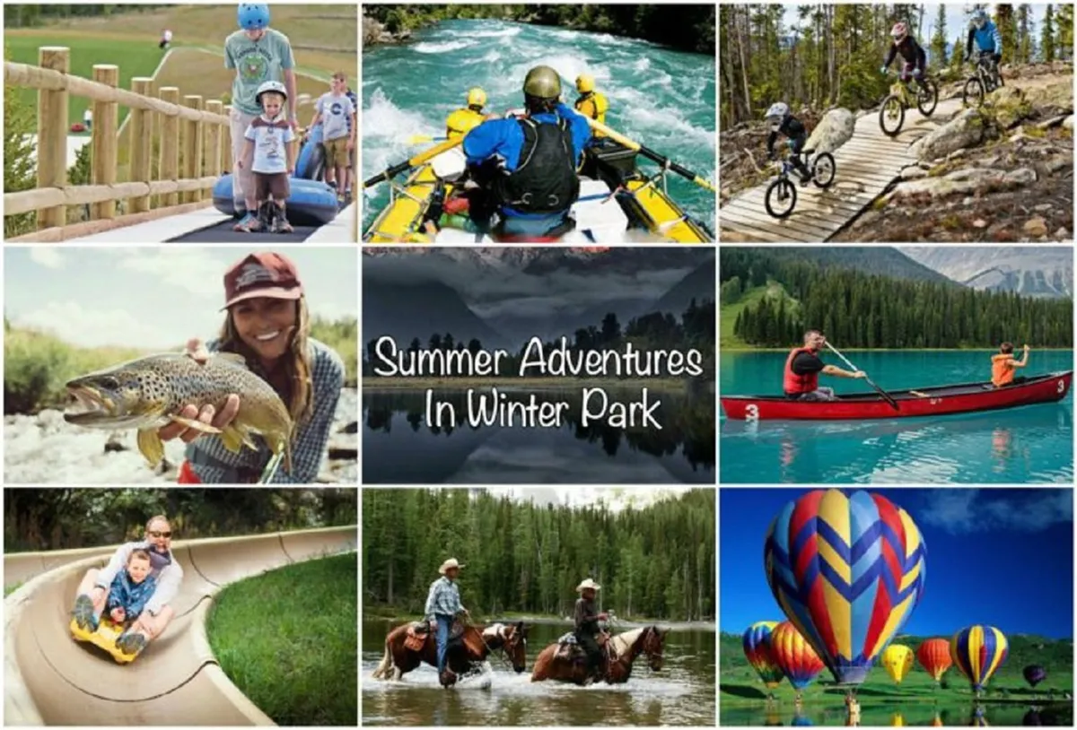 An exterior image bustling with families partaking in outdoor adventures such as rafting, biking, fishing, canoeing, and even hot air ballooning, all set against scenic landscapes and vibrant skies.